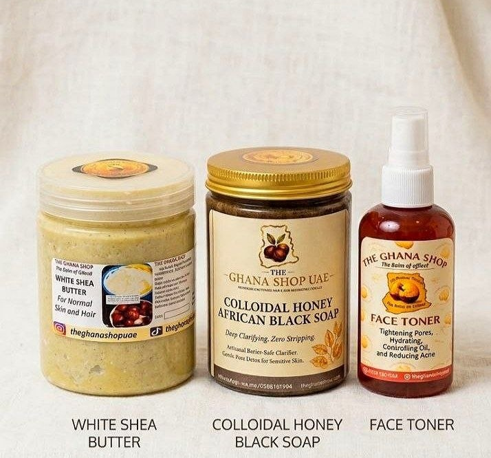 Tone Seal Restore Kit — White Shea Butter, Colloidal Honey African Black Soap, and Face Toner, 200 AED with free UAE delivery